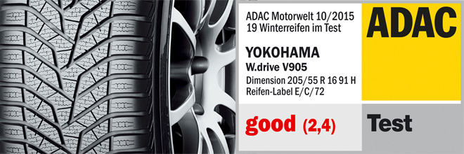 A Yokohama W.drive V905 kimagaslóan jó eredménnyel zárta a legnagyobb német autóklub, az ADAC 2015-ös téli gumi mustráját