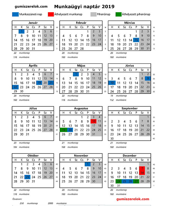2019 Évi munkaügyi naptár