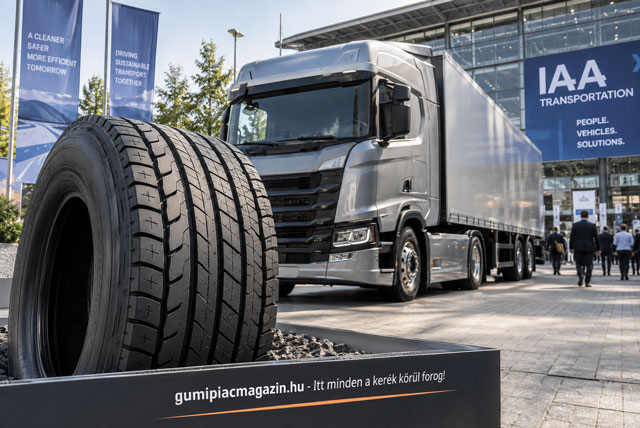 Hankook haszongépjármű-abroncs és modern nyerges vontató az IAA Transportation 2026 témájában