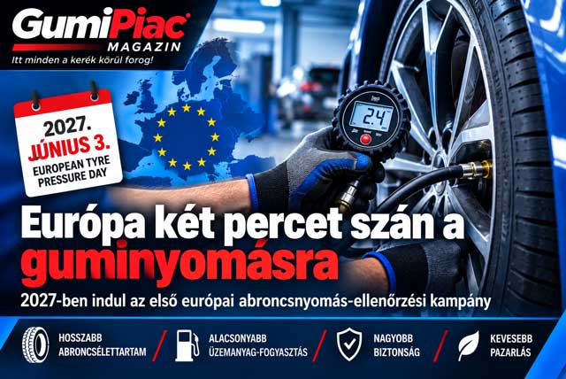 Gumiszervizes szakember digitális nyomásmérővel ellenőrzi egy személyautó gumiabroncsának nyomását.