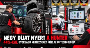 A Hunter Road Force WalkAway kerékcentrírozó berendezés egy modern gumiszervizben. A GumiPiac Magazin bemutatja a Hunter négy PTEN-díját és az akár 44%-kal rövidebb kerékcsere-átfutási időt.