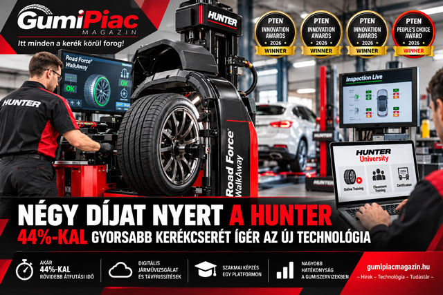 A Hunter Road Force WalkAway kerékcentrírozó berendezés egy modern gumiszervizben. A GumiPiac Magazin bemutatja a Hunter négy PTEN-díját és az akár 44%-kal rövidebb kerékcsere-átfutási időt.