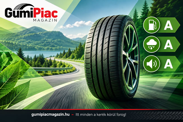 Nokian Powerproof E nyári gumiabroncs zöld környezetben, az A osztályú gördülési ellenállást, nedves tapadást és külső gördülési zajt jelképező ikonokkal.