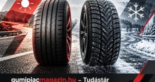 Nyári és téli gumiabroncs egymás mellett, a nyári és téli útviszonyokat jelképező háttérrel.
