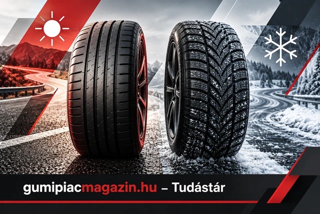 Nyári és téli gumiabroncs egymás mellett, a nyári és téli útviszonyokat jelképező háttérrel.