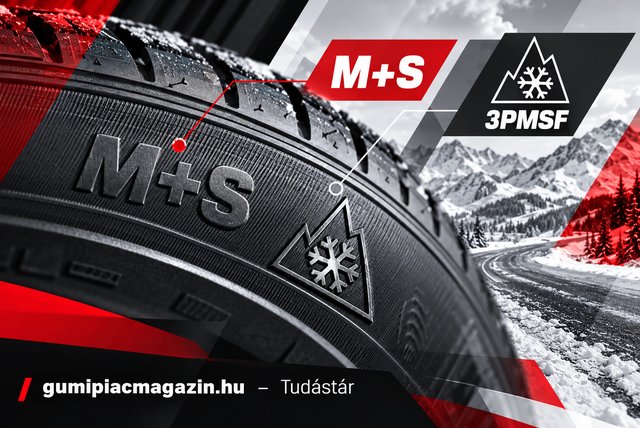 A gumiabroncs oldalfalán látható M+S és 3PMSF téli abroncsjelölés havas hegyvidéki háttér előtt.